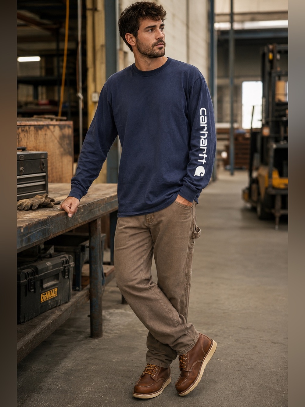 Carhartt Long Sleeve Tee Men L Loose Fit Navy Logo Sleeve Workwear Heavyweight